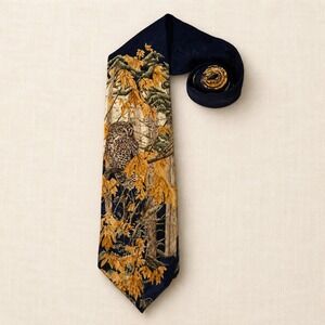Endangered Species Silk Necktie Owl Forest Autumn Leaves Vintage Navy Orange